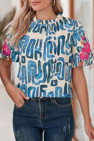 Beige Abstract Floral Print Frilled Neck Puff Sleeve Blouse (size: (US 12-14)L)