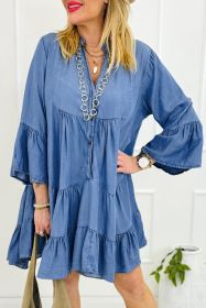 Sky Blue Chambray Ruffled 3/4 Sleeve Tiered Split V Neck Mini Dress (size: (US 8-10)M)