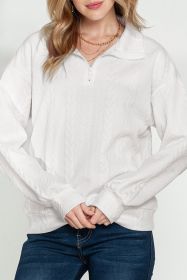 White Quilted 1/4 Zipper Textured Pullover Sweatshirt (size: (US 8-10)M)