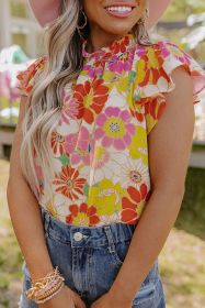 Multicolor Stand Collar Flutter Sleeves Floral Top (size: (US 12-14)L)