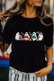 Black Casual Ghost Print Halloween Graphic Tee (size: (US 12-14)L)