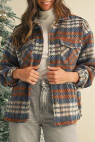 Cinnamon Plaid Print Chest Pockets Turn Down Collar Shacket (size: (US 8-10)M)