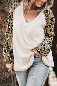 Beige Plus Size Waffle Knit Contrast Leopard Long Sleeve Top (size: (US 18W-20W)2X)
