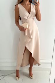 Apricot Surplice V Neck Elegant Slit Midi Dress (size: (US 8-10)M)