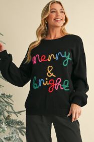 Black Colorful Merry & Bright Tinsel Graphic Sweater (size: (US 8-10)M)