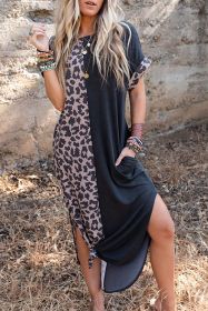 Black Leopard Patchwork Casual T-Shirt Dress With Slits (size: (US 8-10)M)
