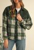Blackish Green Snap Buttons Patchwork Plaid Shacket