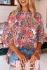 Multicolor Floral Print 3/4 Sleeve Boat Neck Top