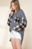 Dark Grey Waffle Knit & Plaid Patchwork V Neck Tunic Top