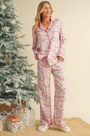 Multicolour Christmas Floral Long Sleeve Shirt and Pants Pajama Set (size: (US 12-14)L)