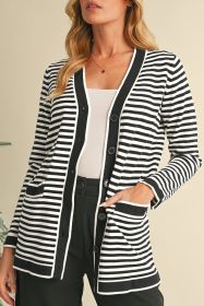 Black Striped Pocketed Button Long Cardigan (size: (US 20-22)2XL)