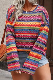 Red Ethnic Striped Print Long Sleeve Plus Size Knit Top (size: (US 18W-20W)2X)