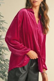 Pitaya Pink Velvet Buttoned V Neck Chest Pocket Shirt (size: (US 12-14)L)