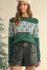 Green Snowflake Dotted Print Round Neck Sweater