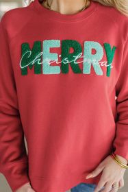 Red Chenille MERRY Christmas Raglan Sleeve Graphic Sweatshirt (size: (US 12-14)L)