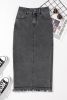 Black Raw Edge Side Slits Buttoned Midi Denim Skirt