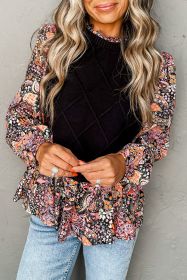 Black Cable Knit Contrast Floral Sleeve Peplum Sweater (size: (US 12-14)L)