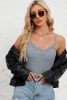 Medium Grey Lace Splicing V Neck Spaghetti Strap Ribbed Cami Top