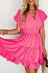 Strawberry Pink Ruched Sleeve Smocked Waist Tiered Ruffle Dress (size: (US 4-6)S)
