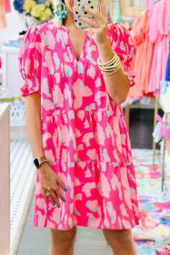 Pink Abstract Print V Neck Smocked Sleeve Mini Dress (size: (US 4-6)S)