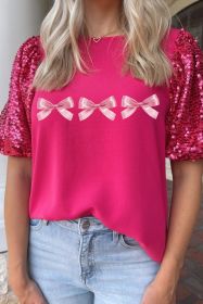 Rose Red Bow Tie Graphic Sequin Contrast Sleeve T Shirt (size: (US 4-6)S)