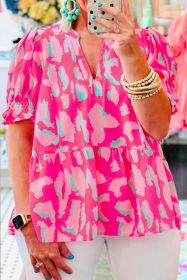 Rose Plus Size Abstract Print Puff Sleeve V Neck Blouse (size: (US 22W-24W)3X)