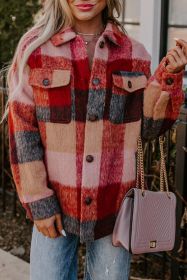 Orange Plaid Print Flap Pockets Buttoned Plus Size Jacket (size: (US 18W-20W)2X)