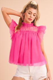 Strawberry Pink Ruffle Trim Mesh Layered Blouse (size: (US 4-6)S)