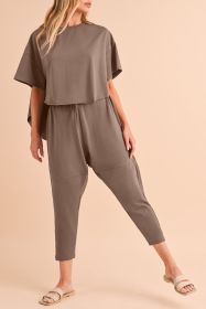 Taupe Batwing Sleeve High Low Tee and Drawstring Crop Pants Set (size: (US 4-6)S)