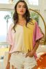 Apricot Colorblock V-Neck Roll Up Sleeve Crinkled Blouse