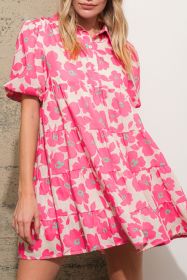 Pink Boho Floral Lantern Sleeve Flared Mini Dress (size: (US 4-6)S)