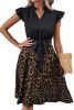 Black Leopard Print Flutter Sleeve Bow Belted Dress