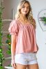 Pink Square Neck Polkadot Linen Puff Sleeve Short Sleeve Top