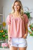 Pink Square Neck Polkadot Linen Puff Sleeve Short Sleeve Top