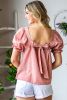 Pink Square Neck Polkadot Linen Puff Sleeve Short Sleeve Top