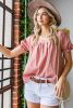 Pink Square Neck Polkadot Linen Puff Sleeve Short Sleeve Top