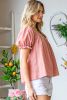 Pink Square Neck Polkadot Linen Puff Sleeve Short Sleeve Top