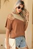 Brown Cold Shoulder Colorblock Splicing T Shirt