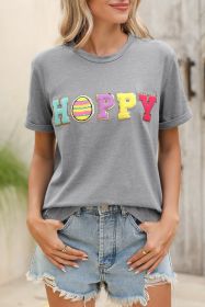 Gray Easter Egg HAPPY Chenille Letter Graphic T Shirt (size: (US 8-10)M)