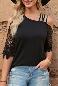 Black Lace Crochet Short Sleeve Strappy One Shoulder Top (size: (US 4-6)S)