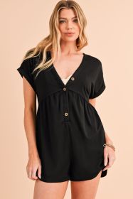Black V Neck Buttons Loose Cuffed Short Sleeve Romper (size: (US 8-10)M)