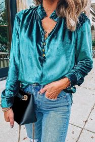 Green Frilled Neck Buttoned Front Velvet Top (size: (US 12-14)L)