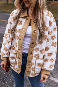 Light French Beige Cute Flower Pattern Button Up Fleece Jacket (size: (US 12-14)L)