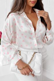 White Love Heart Print Drop Shoulder Puff Sleeve Shirt (size: (US 12-14)L)