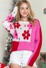 Rose Red 60s Floral Colorblock Knitted Sweater