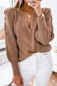 Brown Braided Notched V Neckline Puff Sleeve Knitted Sweater (size: (US 8-10)M)
