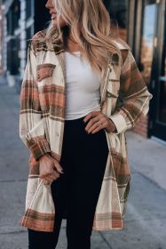 Brown Plaid Casual Button Up Flannel Long Shacket with Flap Pockets (size: (US 12-14)L)