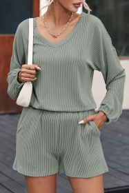 Grass Green Corded V Neck Slouchy Top & Pocketed Shorts Set (size: (US 8-10)M)