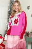 Rose Red 60s Floral Colorblock Knitted Sweater