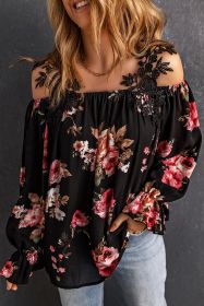 Black Floral Print Lace Loose Off Shoulder Blouse (size: (US 18-20)2XL)